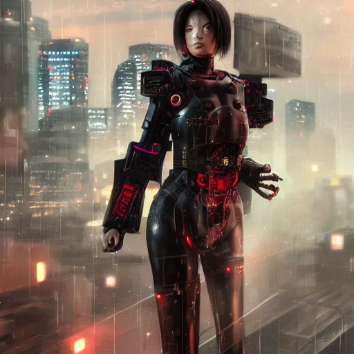 Image similar to An realistic epic fantastic comic book style portrait painting of a female cyber samurai by WLOP, black and reddish color armor, cyberpunk feel raining at tokyo rooftop, Concept world Art, unreal 5, DAZ, hyperrealistic, octane render, cosplay, RPG portrait, dramatic lighting, rim lights