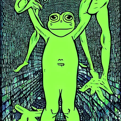 Prompt: pepe the frog being abducted by aliens in the living room of a house, floating dark energy surrounds them. there is one plant to the side of the room, surrounded by a background of dark cyber mystic alchemical transmutation heavenless realm, fish eye lens, cover artwork part by patrick nagel, part by virgil finlay, palette knife texture, highly detailed