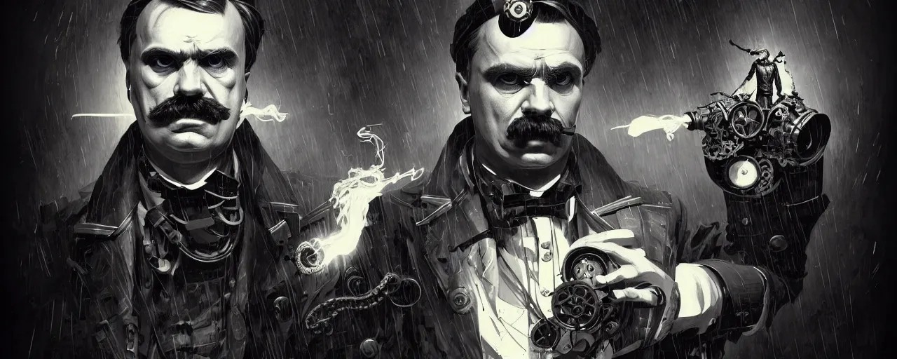 Image similar to duotone dark concept illustration 3 / 4 portrait of friedrich nietzsche as steampunk cyborg with thor hammer smoke all around. highly detailed mechanism cinematic volumetric ghastly lighting. by sachin teng and sergey kolesov and ruan jia and heng z. graffiti art, scifi, fantasy, hyper detailed. octane render. concept art. trending on artstation