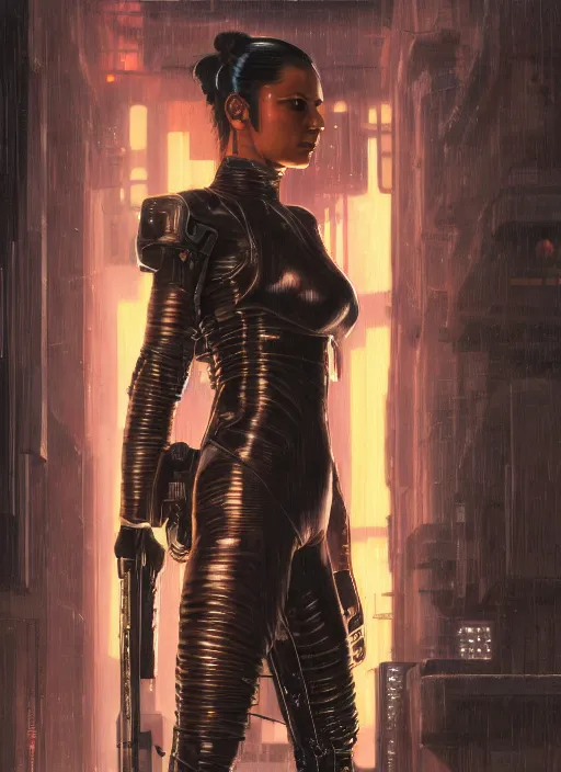 Prompt: katana. cyberpunk mercenary in a cyberpunk jumpsuit ( blade runner 2 0 4 9, cyberpunk 2 0 7 7 ). orientalist portrait by john william waterhouse and james gurney and theodore ralli and nasreddine dinet, oil on canvas. cinematic, hyper realism, realistic proportions, dramatic lighting, high detail 4 k