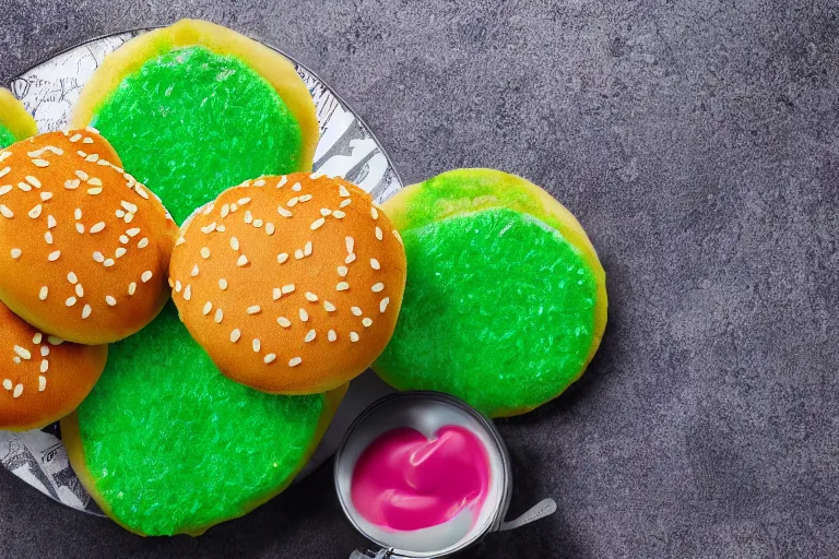 Prompt: mcdonalds colorful pattys between buns, commercial photograph taken on table