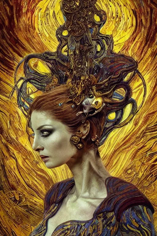 Image similar to Intermittent Chance of Chaos Muse by Karol Bak, Jean Deville, Gustav Klimt, and Vincent Van Gogh, trickster, enigma, Loki's Pet Project, destiny, Poe's Angel, whimsical, Surreality, creativity, inspiration, muse, otherworldly, fractal structures, arcane, ornate gilded medieval icon, third eye, spirals