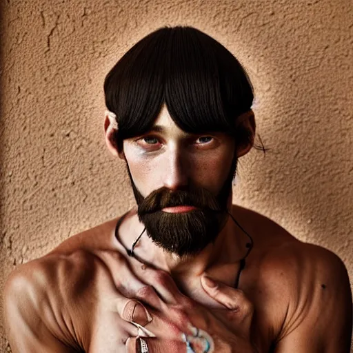 Prompt: 8K Photography from a Male muscled short haired satyr , goatee, by Jimmy Nelson