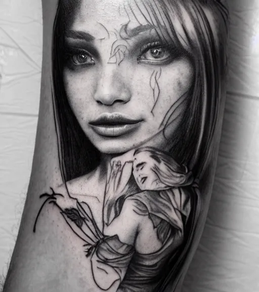 Image similar to a beautiful girl portrait, faded mountain background, realism tattoo, in the style of den yakovlev, black and white, hyper realistic, highly detailed