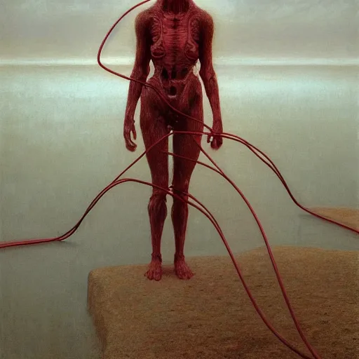 Image similar to shore of the lake, woman, wrapped around by tubes and cables veins and nerves, bones, short black curly hair, glowing red, by edgar maxence and ross tran, zdzisław beksinski, un and michael whelan, distant, gustav dore, h. r. giger, 8 k, octane render