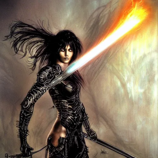 Prompt: female warrior, black hair, glowing sword, cinematic, by luis royo