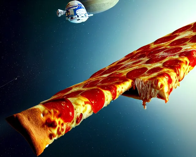 Image similar to a single slice of pizza spaceship in orbit over a single planet space wallpaper starwars digital art 4 k atmospheric cinematic shot octane render