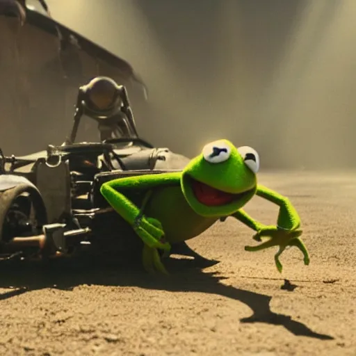 Image similar to action shot of kermit the frog as furiosa in mad max, dramatic light, god rays, very detailed