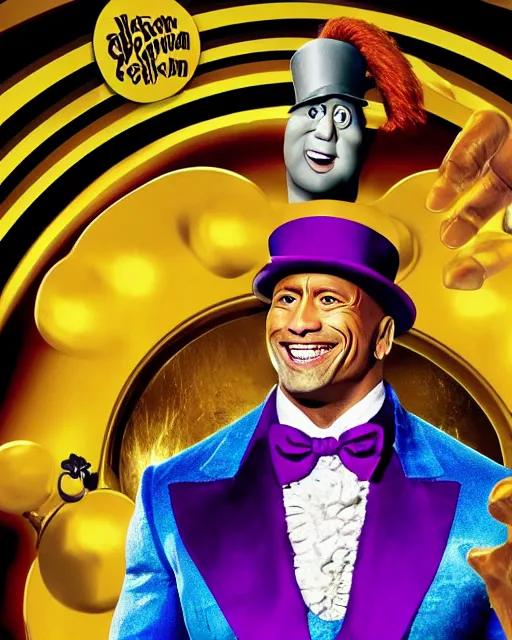 Image similar to Film still close-up shot of Dwayne Johnson as Willy Wonka from the movie Willy Wonka & The Chocolate Factory. Photographic, photography