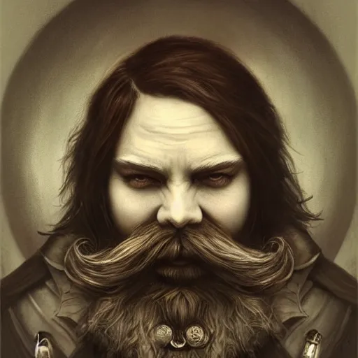 Prompt: By Tom Bagshaw, ultra realist soft painting of gloomy universe by night, steampunk Dwarf smile beard, symmetry accurate features, very intricate details, ominous sky, black and white, volumetric light clouds