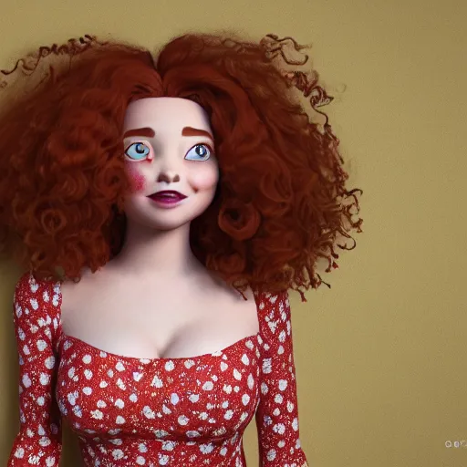 Prompt: film photography of a gorgeous red haired woman with big curly hair and freckles, curvy figure wearing dress with flower print, Pixar CGI , octane render, sharp details, bloom, 8k resolution, OLED