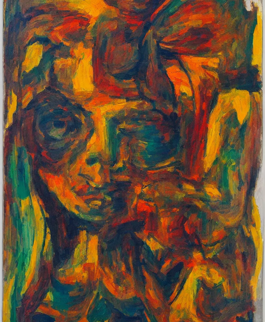 Image similar to a portrait of a severe warrior, expressive abstractionism, many small saturated hard relief strokes with oil on canvas with high detail