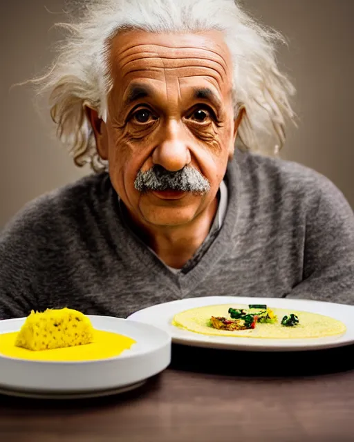 Prompt: a portrait of albert einstein sitting at the dining table with a plate containing dhokla in front of him, highly detailed, trending on artstation, bokeh, 9 0 mm, f / 1. 4