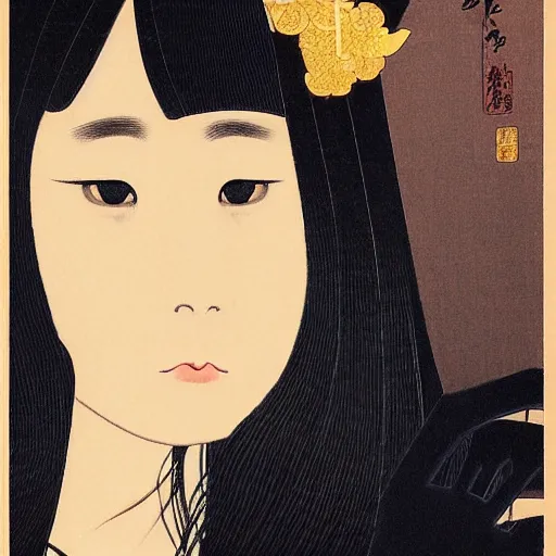 Prompt: portraite of a gorgeous devil woman portrait by ikenaga yasunari and ayana otake and ko rakusui, 6 0 s poster, drawing, realistic, sharp focus, japanese, dreamy, nostalgia, faded, golden hues,