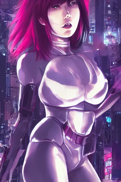 Image similar to a still fullbody portrait of motoko kusanagi ghost in the shell, finely detailed features, closeup at the faces, perfect art, at a cyberpunk city, gapmoe yandere grimdark, trending on pixiv fanbox, by ilya kuvshinov, rossdraws, artgerm