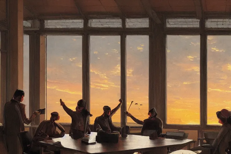 Prompt: employees as monkeys setting on glorious meeting room, papers scattered on the table, sunset, building and skyline showing from windows, fine art, artstation, matte painting, masterpiece by vasnetsov