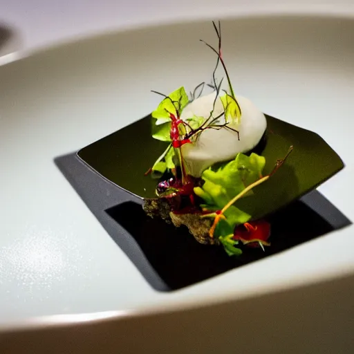 Prompt: dish made in alinea kitchen, surreal