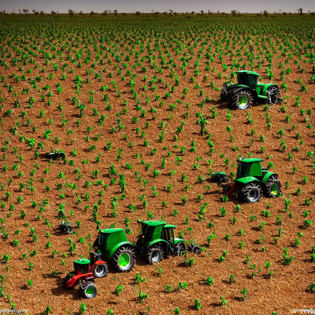 Image similar to robotic farming machinery maintaining a permaculture jungle in the desert, XF IQ4, 150MP, 50mm, F1.4, ISO 200, 1/160s, natural light