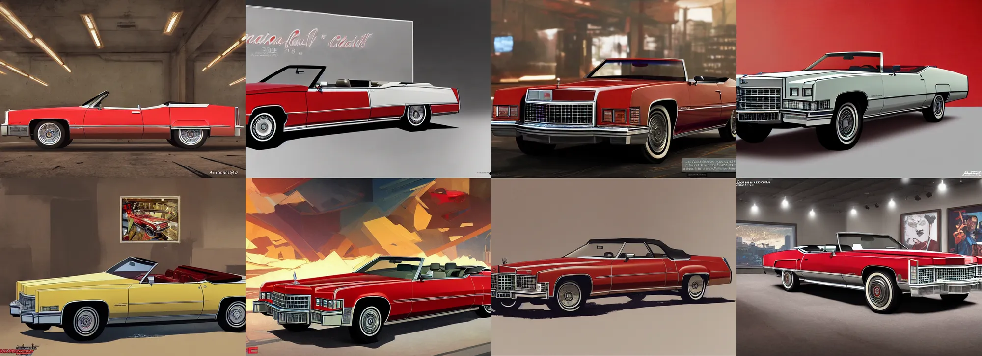 Prompt: frontal front absolute front view picture, one single red 1975 cadillac eldorado convertible car front as a grand theft auto 5 loading screen, front view, intricate, studio, art by anthony macbain + greg rutkowski + alphonse mucha, concept art, 4k, sharp focus