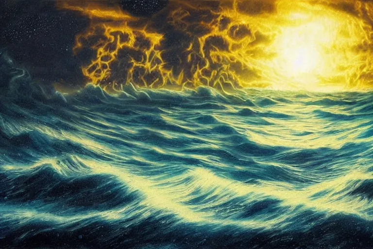 Image similar to miskatonic university big bang seascape in the style of dr. seuss,'interstellar directed by christopher nolan ', painting by albert bierstadt