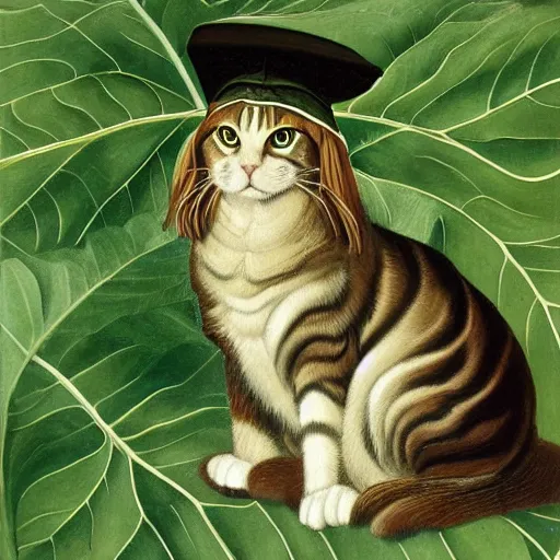 Image similar to a reneissance painting of a maincoon cat among big green leaves wearing a bishop hat, very detailed, in the style of mantegna