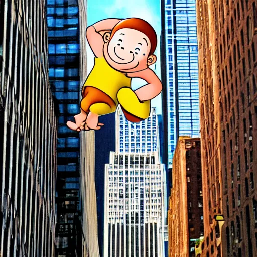 Image similar to curious george caillou cartoon in the big city. new york city concrete jungle.