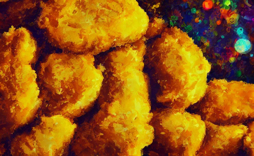 Image similar to chicken nugget, digital painting, expressionistic, intricate detail, meticulous brush strokes, genius composition, masterpiece, work of art, 4k wallpaper