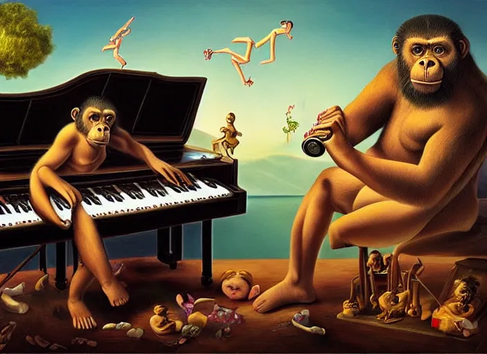 Image similar to 🦍🎹🎼, lowbrow in the style of camille rose garcia and mark ryden and salvador dali, 8 k, matte painting,