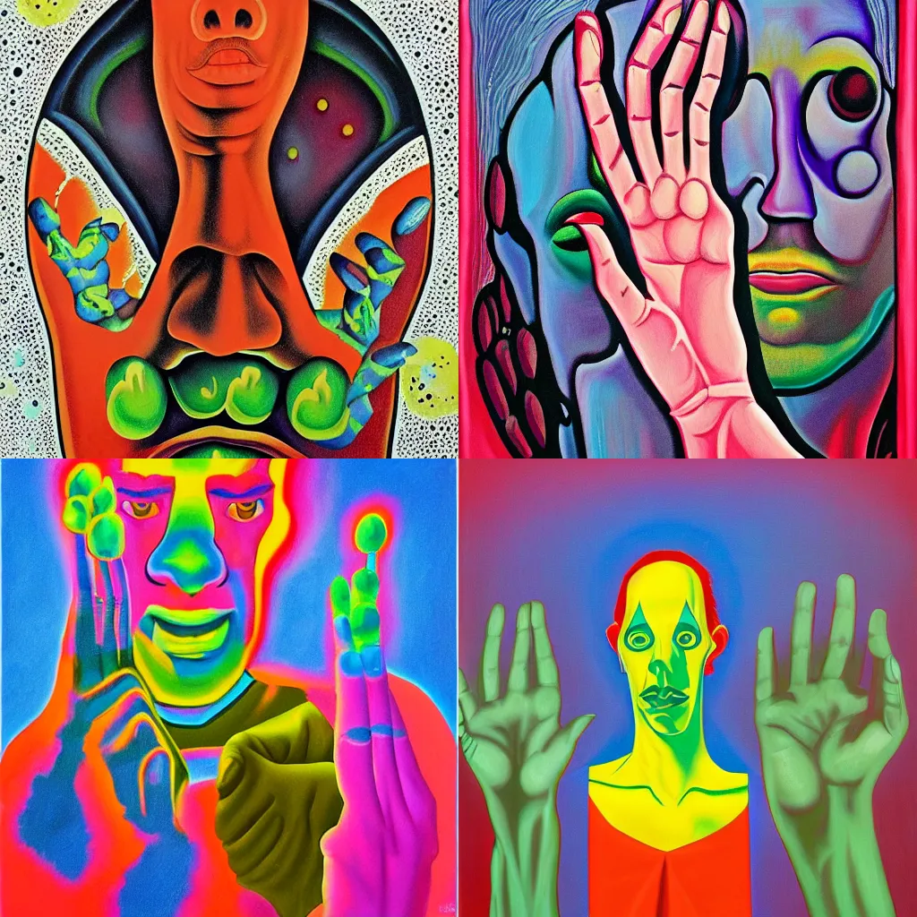 Prompt: a painting of a man holding a finger up, a surrealist painting by ed paschke, behance contest winner, psychedelic art, darksynth, poster art, psychedelic