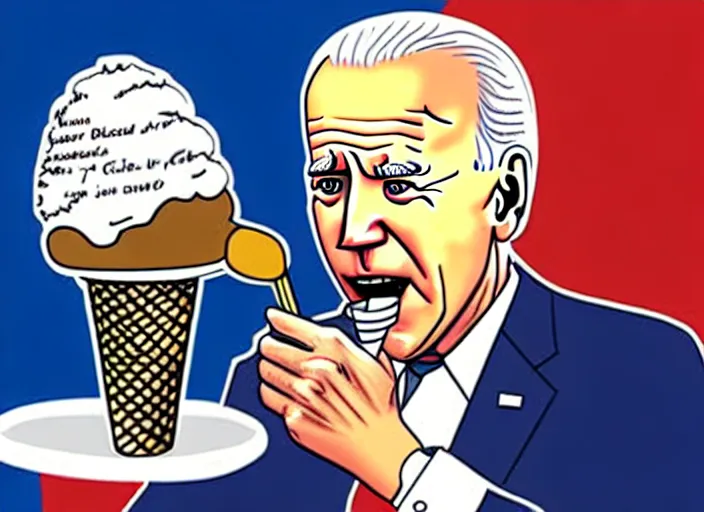 Image similar to joe biden eating ice cream scoop on a ice cream cone, political cartoon, high detail