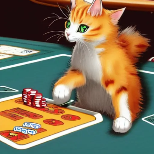 Prompt: anime cat losing at no limit poker