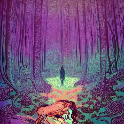 Image similar to psychedelic trippy iridescent volumetric lighting enchantingly beautiful forest with necromancer hyperrealism by victo ngai yoji shinkawa apophasis moebius 8 0 s cartoon horror art black magick voodoo shamanic satanic