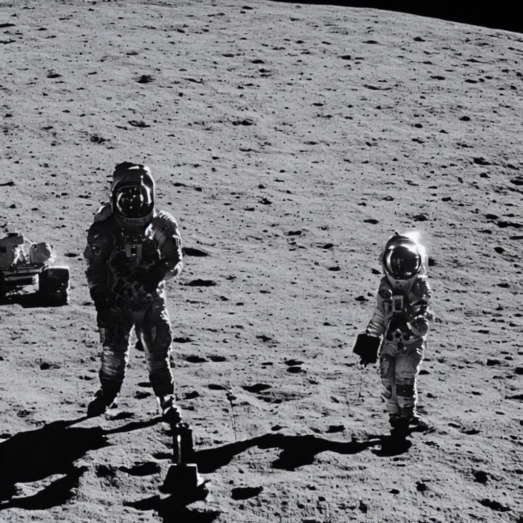 Prompt: a 1960s photo of Stanley Kubrick grinning on a movie set of the moon surface next to the eagle lander, 8K HD, old photo