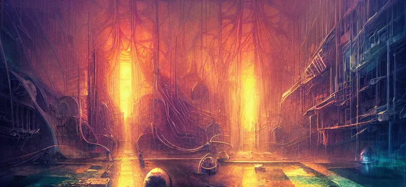 Image similar to beautiful masterpiece painting of a dystopian city under the sea, grunge cyberpunk, by Remedios Varo and Anato Finnstark and Greg Rutkowski, artgerm, 8k,