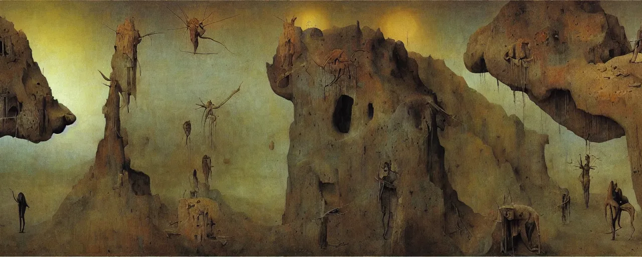 Image similar to Barren Desert Triptych by Hieronymus Bosch, Zdzislaw Beksinski, surreal oil painting, highly detailed, dream like, masterpiece