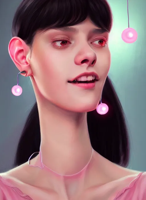 Image similar to portrait of high school girl, realistic, black hair, bangs, half updo hairstyle, pointy nose, skinny, smile, ugly, defined jawline, big chin, pink hair bow, earrings, intricate, elegant, glowing lights, highly detailed, digital painting, artstation, sharp focus, illustration, art by wlop, mars ravelo and greg rutkowski