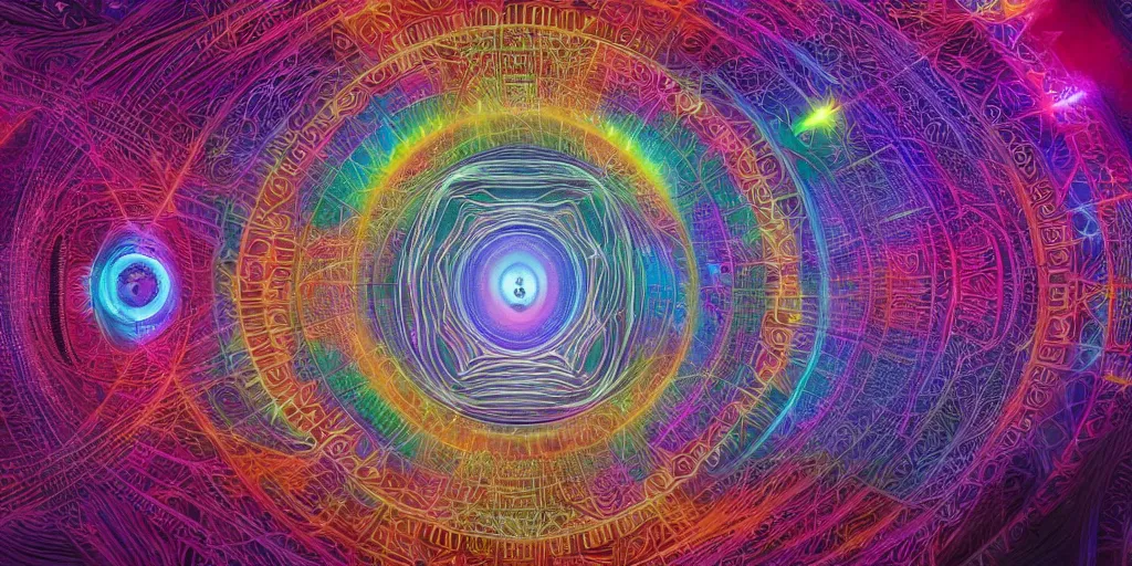 Image similar to transcendence into collaborative intelligence, endless collaboration with ai, connectedness, body, by alex grey, album cover, award winning, beautiful, colorful, volumetric lighting, trending on artstation, cinematic