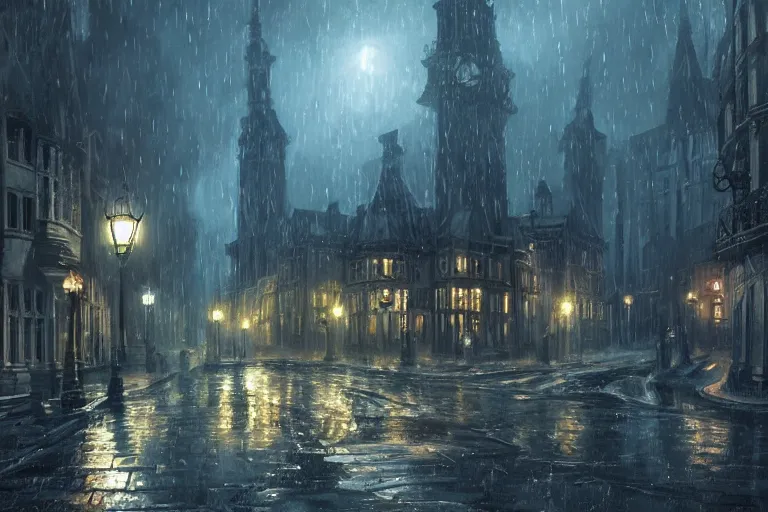 Image similar to beautiful serene victorian city, a lovecraftian monster in the background, gaslight, rain, low angle, wide angle, artstation