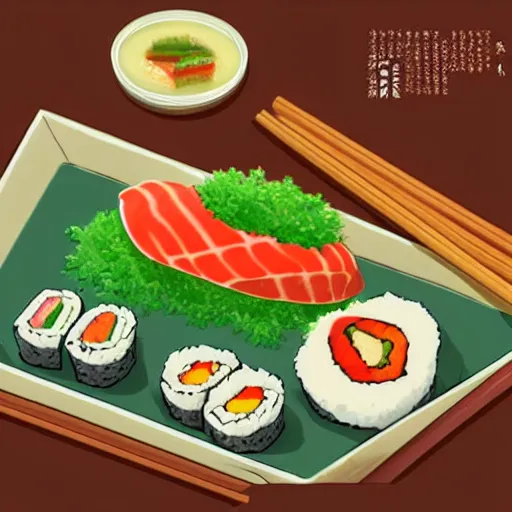 Image similar to illustration of philadelphia roll sushi, in traditional japan style, by makoto shinkai and takashi takeuchi