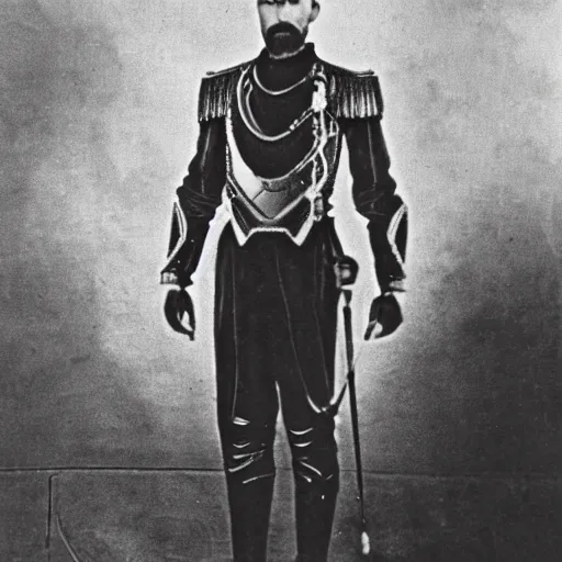 Image similar to tsar nicholas ii as iron man, historical photograph, highly detailed, full length portrait