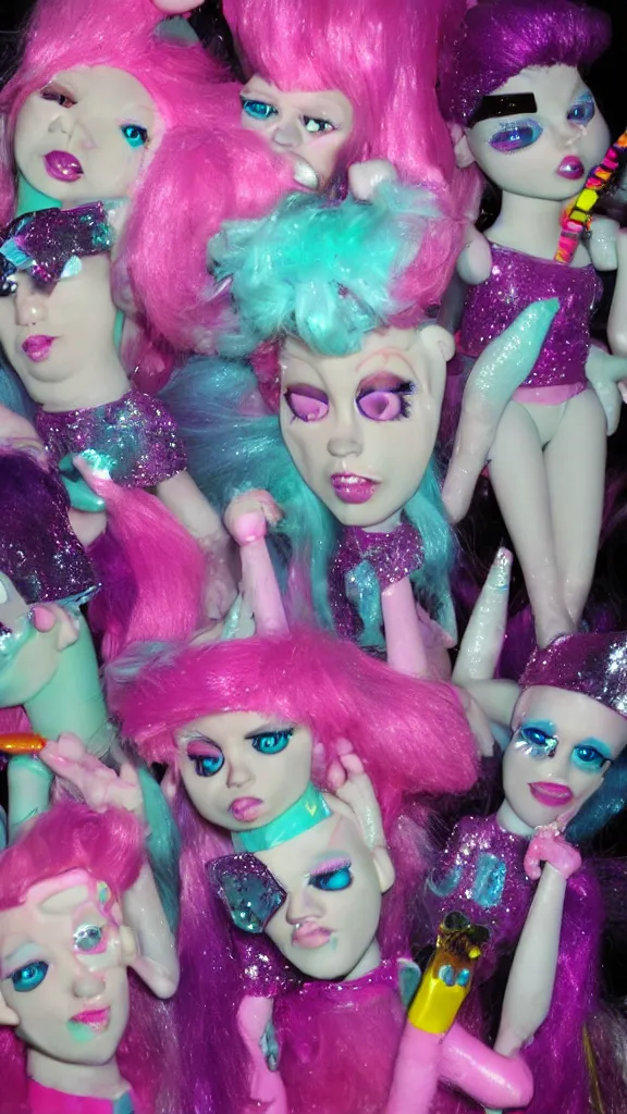Prompt: popworld 3 d y 2 k troll dolls and sparkles, seapunk