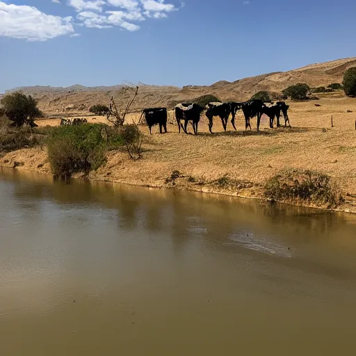 Prompt: landscape, river made of karak, with cows grazing, wide shot, photo