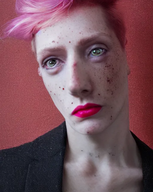 Prompt: !dream Portrait of an androgynous man, close-up, high sharpness, zeiss lens, fashion photo shoot, flowers, pink hair, freckles, Red lipstick, on metal background, Annie Leibovitz and Steve McCurry, David Lazar, Jimmy Nelsson, artistic, hyper-realistic, beautiful face, octane rendering