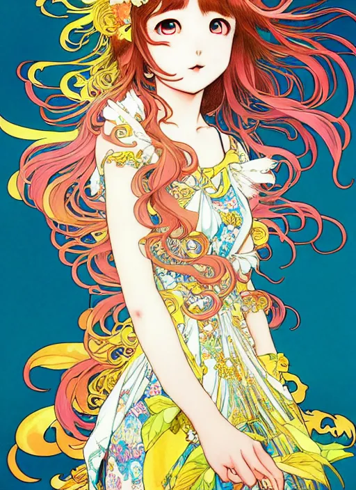 Image similar to exquisite imaginative manga poster of a girl, long wavy hair, birds, rococo dress, shimmering, by kojima ayami, shigenori soejima, minaba hideo, alphonse mucha, jump comics, shogakukan, illustration, artstation, highly detailed, 8 k, fluorescent, maximalist