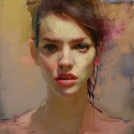 Prompt: portrait of a beautiful girl,, intimate, pastel shades, beautiful face, rule of thirds, spotlight, expressive, passionate, by greg rutkowski, by jeremy mann, by francoise nielly, by vincent van gogh, oil painting, correct body proportion