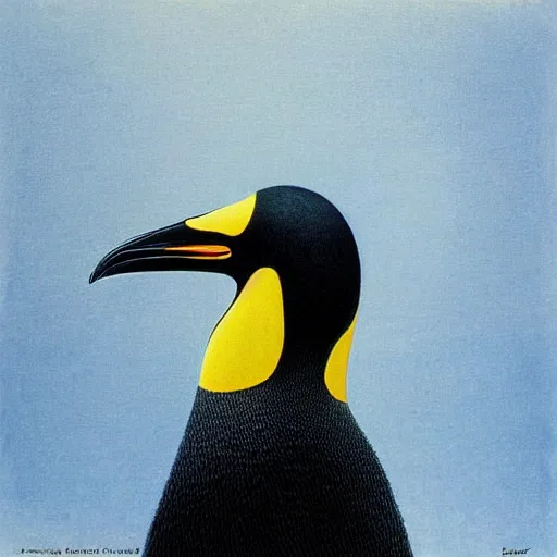 Image similar to “portrait of a king penguin in Antarctica, painted by zdzislaw beksinski”