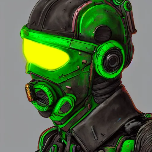 Image similar to helmet cyberpunk made of green lava and fire in borderlands 3 style, pconcept art character modeling, body made of green lava and fire, marvelous designer, z brush, maya, digital 3 d, 4 k, epic size, epic scale, ultra detailed digital art, furry art, macro art, deviantart, realistic