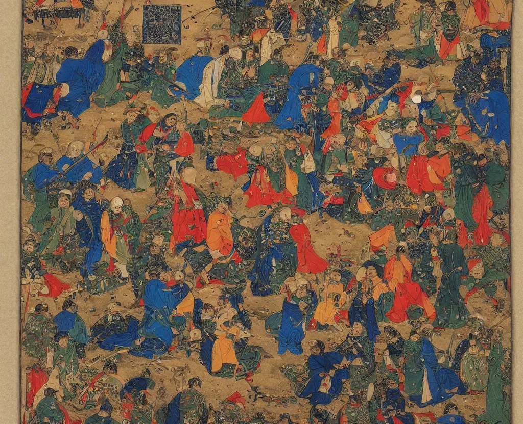 Image similar to first person shooter point of view in the style of persian miniature, 8k