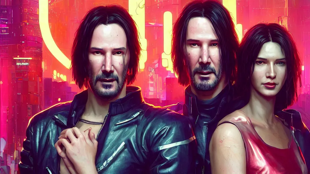 Image similar to a cyberpunk 2077 srcreenshot couple portrait of Keanu Reeves&female android in kiss,love story,film lighting,by Laurie Greasley,Lawrence Alma-Tadema,Dan Mumford,John Wick,Speed,Replicas,artstation,deviantart,FAN ART,full of color,Digital painting,face enhance,highly detailed,8K,octane,golden ratio,cinematic lighting