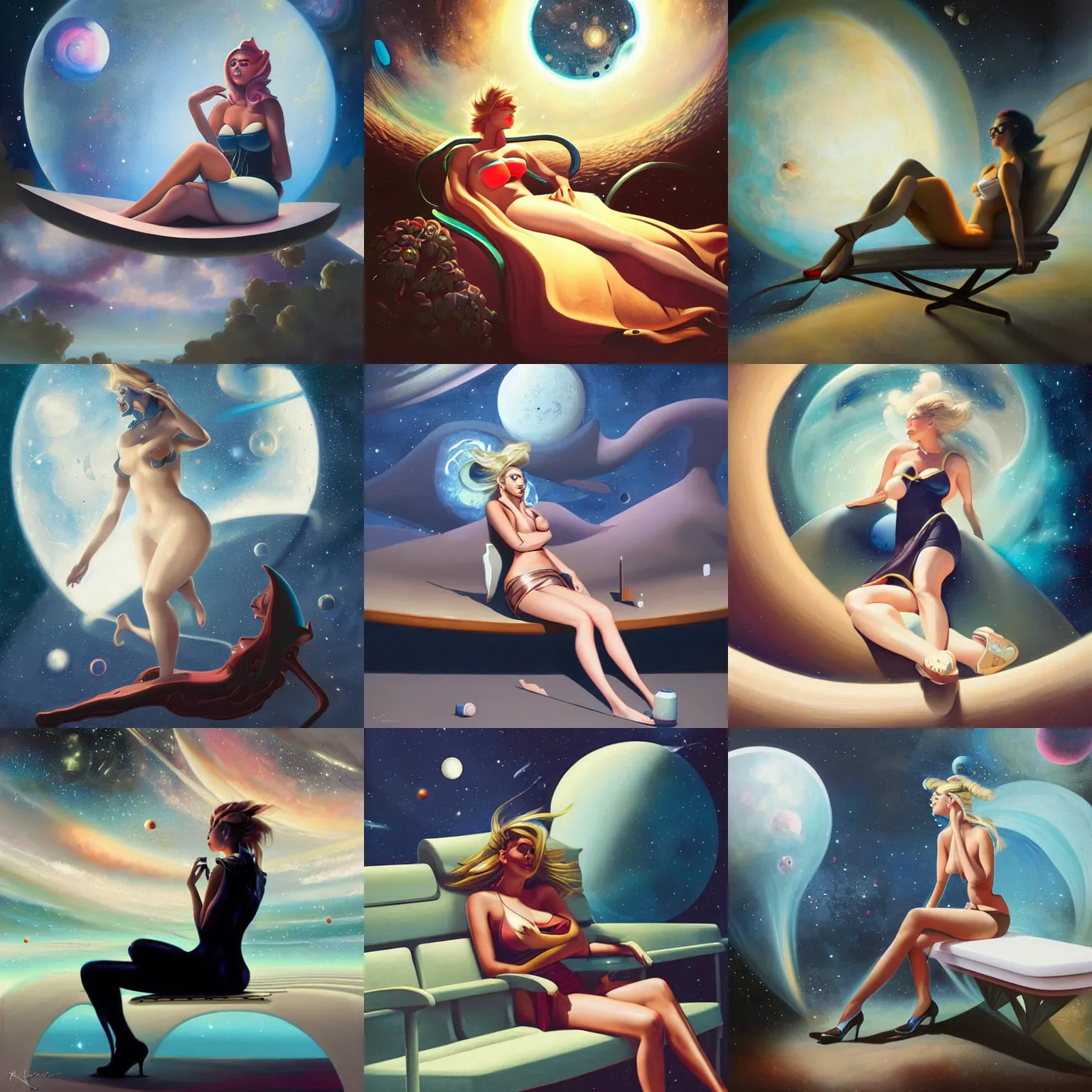 Prompt: kate upton sitting on a bench in space, peter mohrbacher